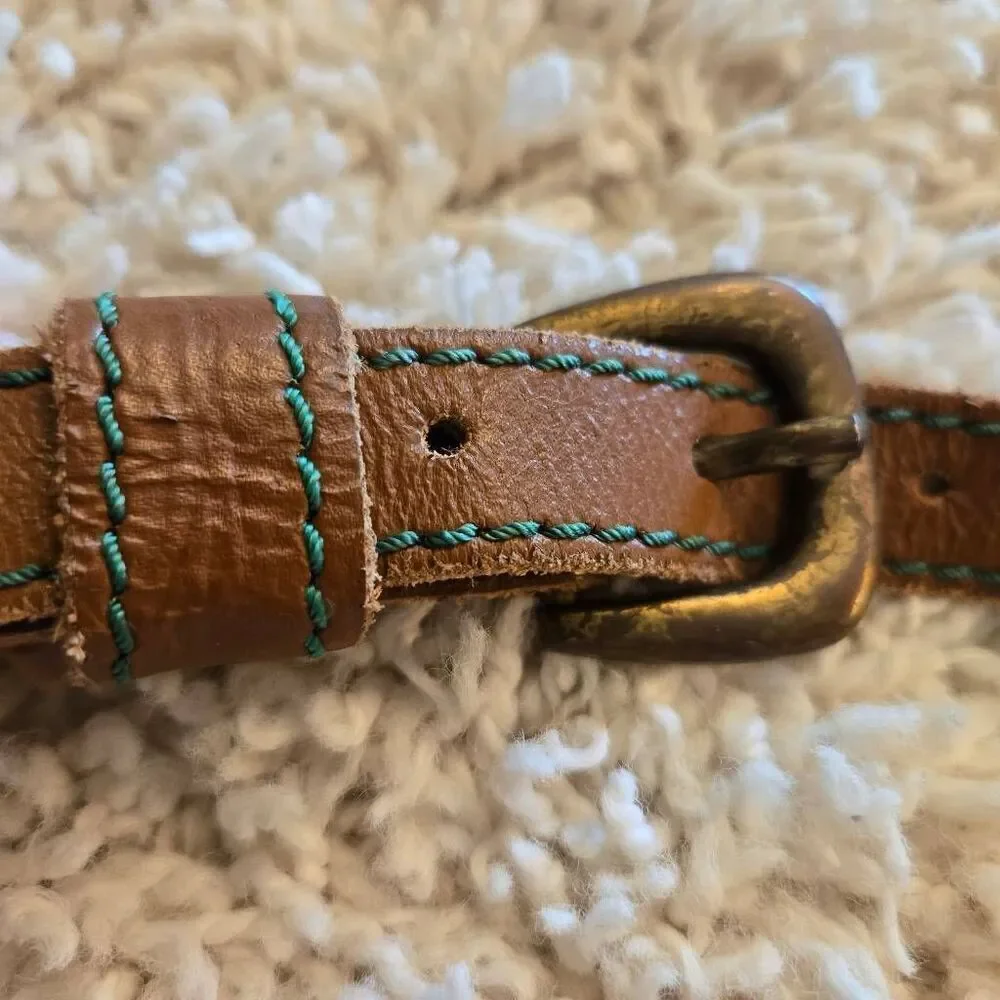 Vintage Leather Skinny Belt Big Rivets Brown Large
